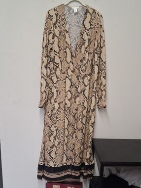 H&M Beige and Black Snake-Print Maxi Wrap Dress